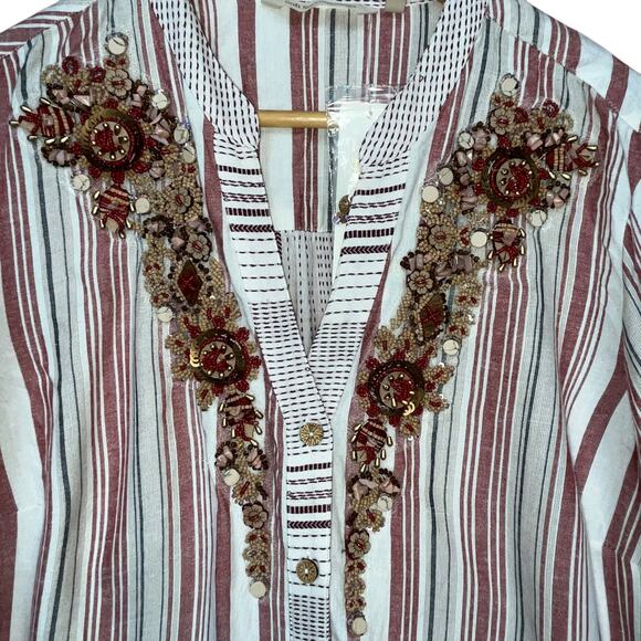 Soft Surroundings NWT Women's Linen Blend Striped Beaded Jeweled Tunic Top Large - Picture 4 of 8